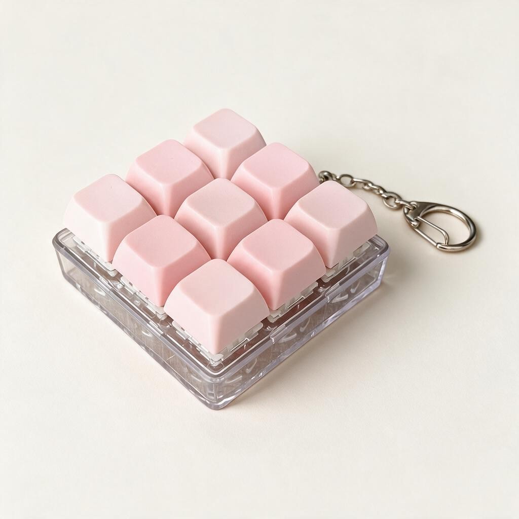 Light pink keycap clicker keychain with nine soft pink keys and a silver clip