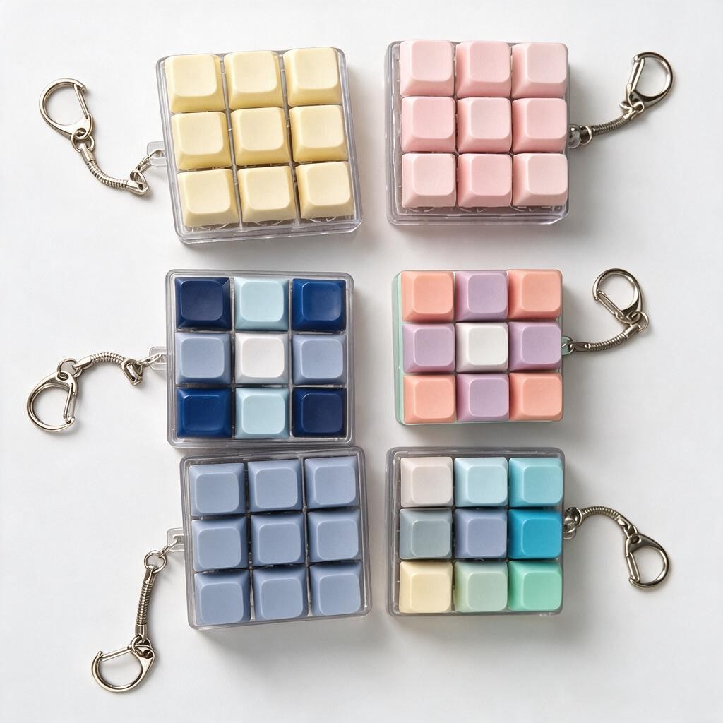 Six keycap fidget clicker keychains in pastel, blue and cream colourways laid out in two rows