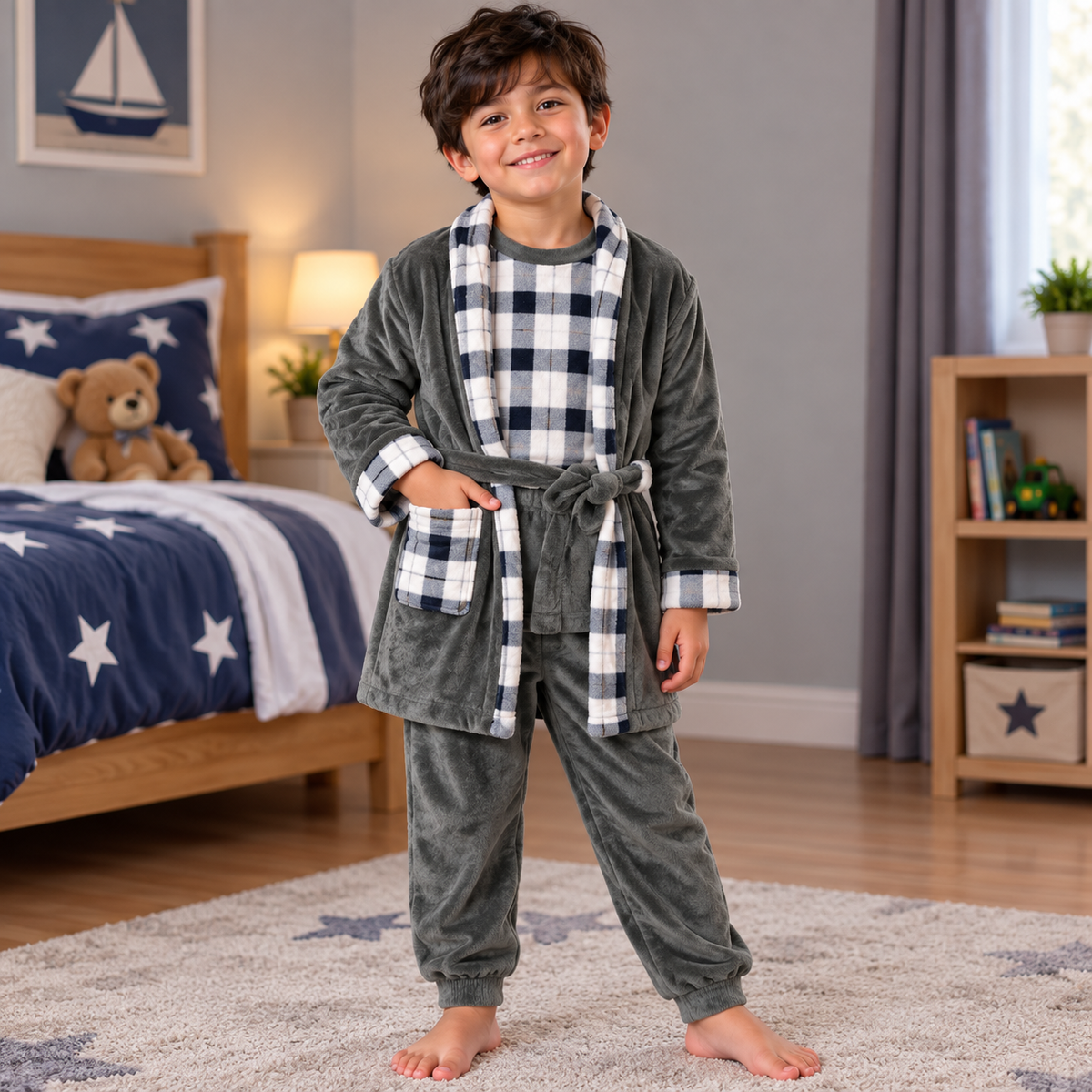 Boy in a khaki fleece robe with navy check trim, check top and grey trousers