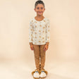 Kids bear face print pyjama top in cream worn with camel bottoms and slippers
