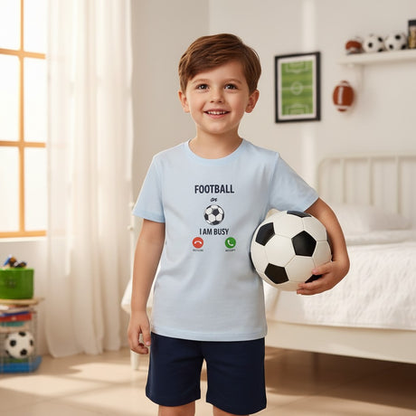 Kids football pajama short set with light blue graphic tee and navy shorts