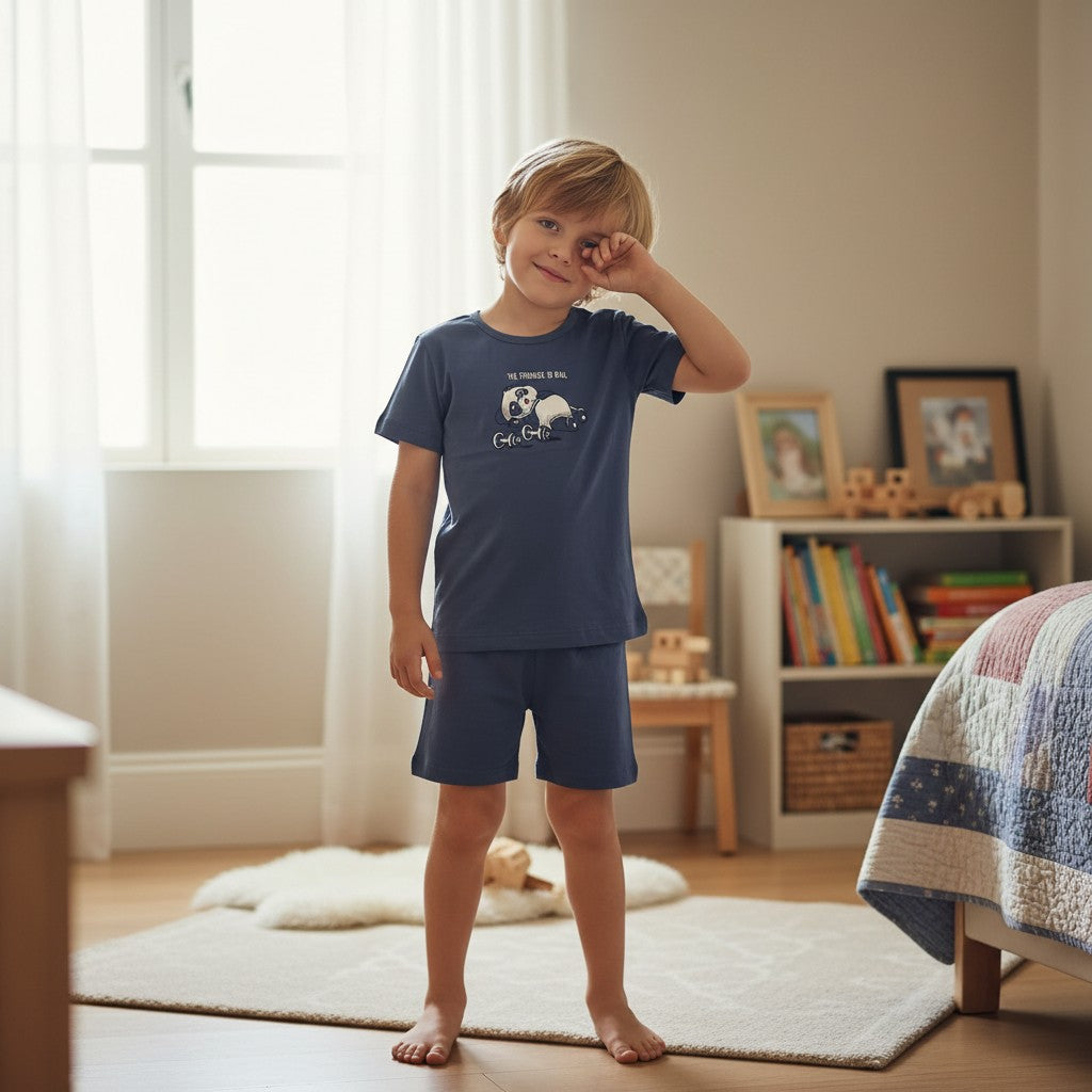 Kids navy panda pajama short set with matching tee and shorts