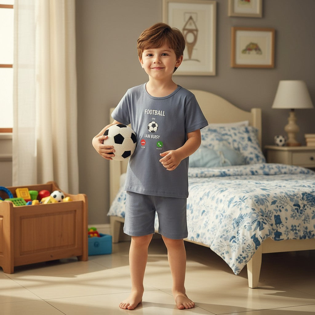Kids grey football pajama short set with graphic tee and matching shorts