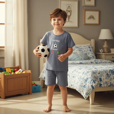 Kids grey football pajama short set with graphic tee and matching shorts