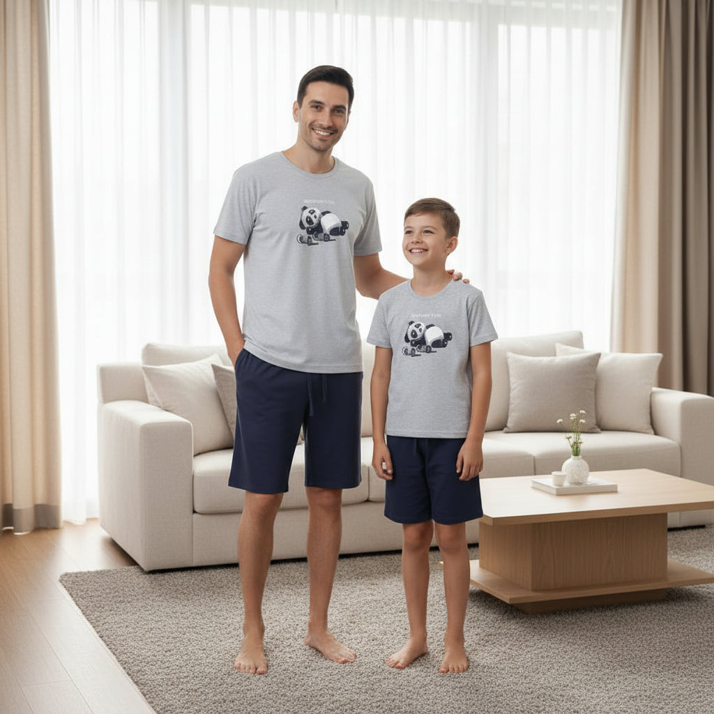 Matching panda pajama short sets in light blue and navy for kids and adults