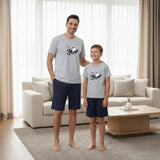 Matching panda pajama short sets in light blue and navy for kids and adults