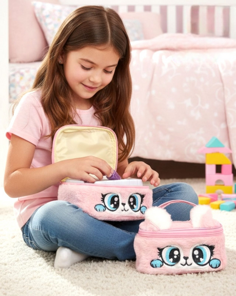 Two pink faux fur zip cases with embroidered cat faces, one open on a cream rug