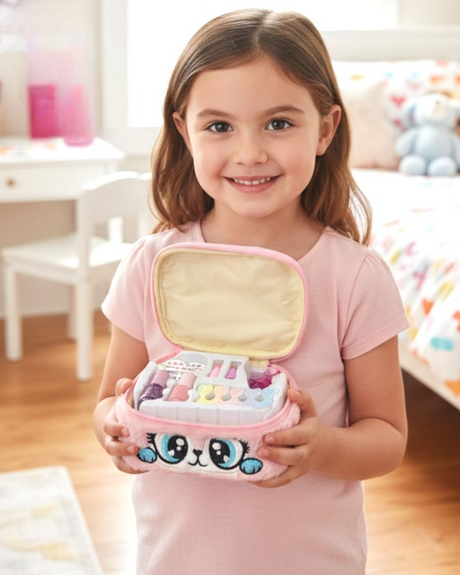 Fluffy pink cat face case held open showing play polishes, press on nails and separators