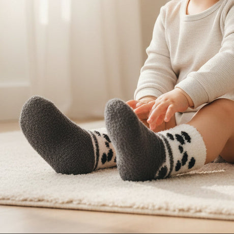 Kids charcoal fluffy panda socks with a cream cuff and paw print, Jack Gifts Online Lebanon