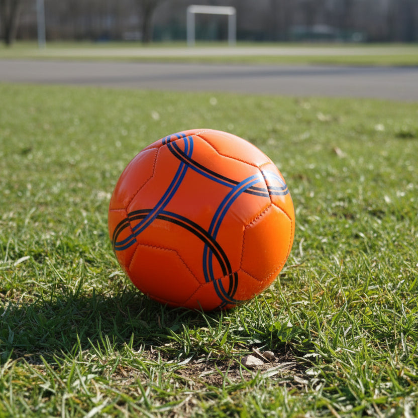 Orange football with blue and black interlocking line graphics on a grass pitch