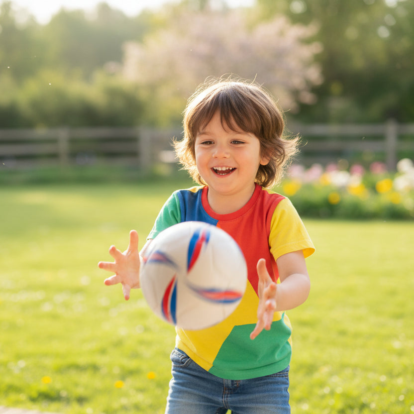 Child catching the white football printed with red and blue swirl graphics