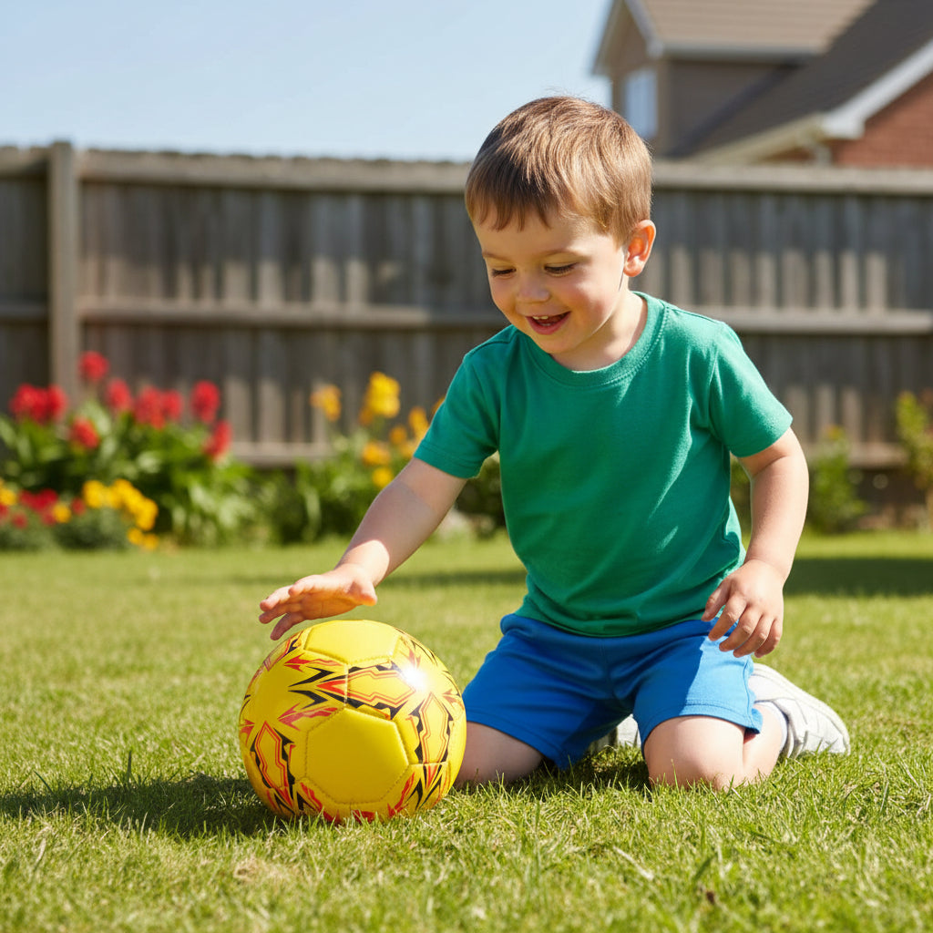 Toddler kneeling on a lawn beside the yellow football with red and black flame graphics