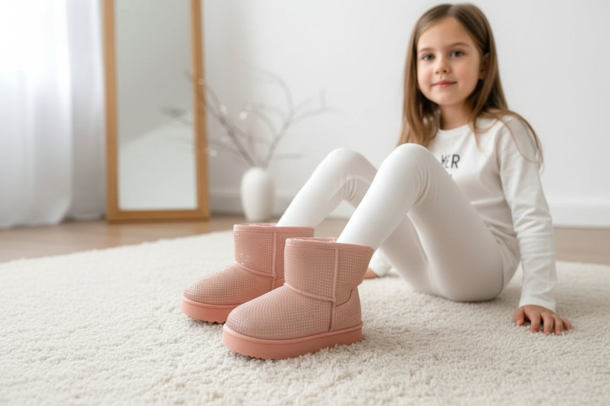 Pink plush winter boots worn with white leggings on a soft rug