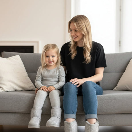 Mother and daughter on a sofa, the girl wearing the grey winter boots