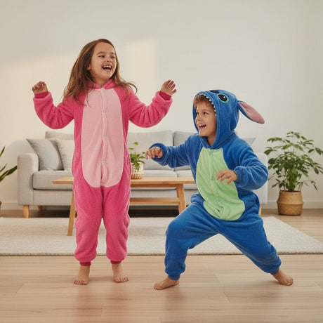 Two kids in pink Angel and blue Stitch onesies in a living room