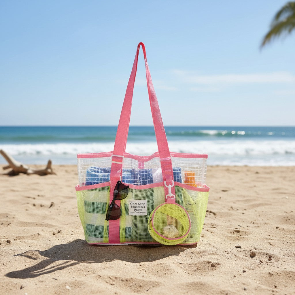 Kids yellow mesh beach bag with pink straps and clip-on pouch on the sand – Jack Gifts Online Lebanon