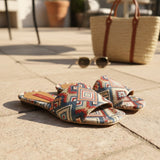 Kilim pattern tapestry slide sandals in red, blue and cream