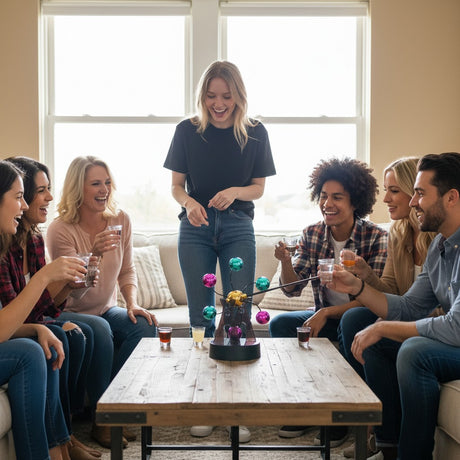Group around a coffee table watching the spinning ball desk gadget turn
