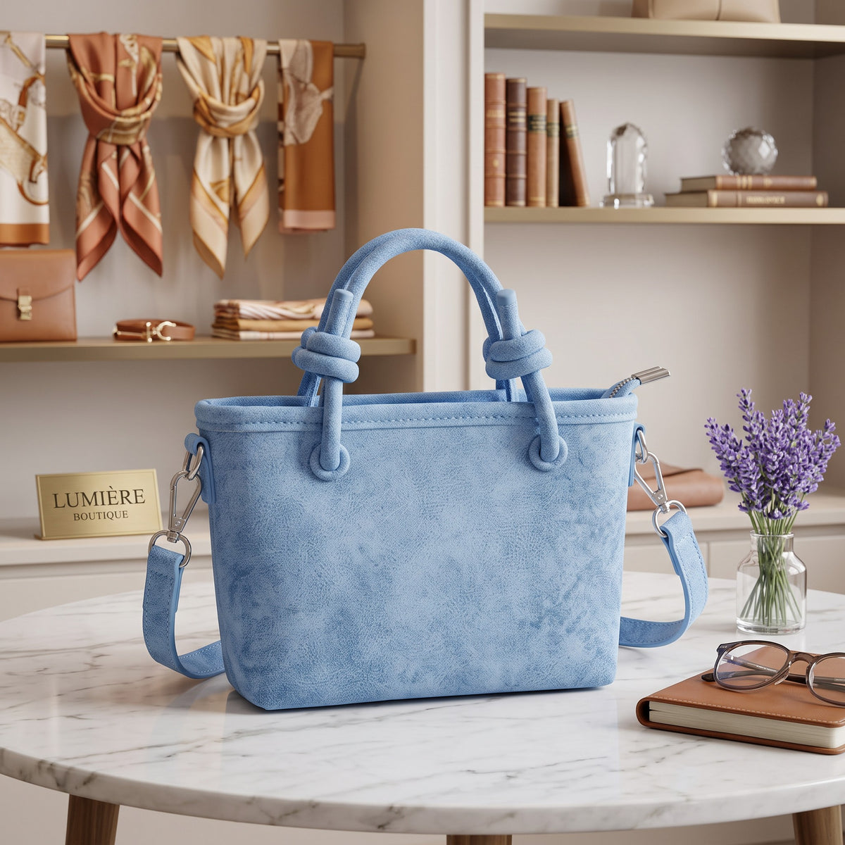 Blue knotted handle mini tote with rolled knotted handles