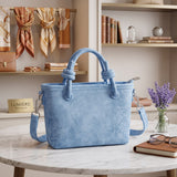 Blue knotted handle mini tote with rolled knotted handles