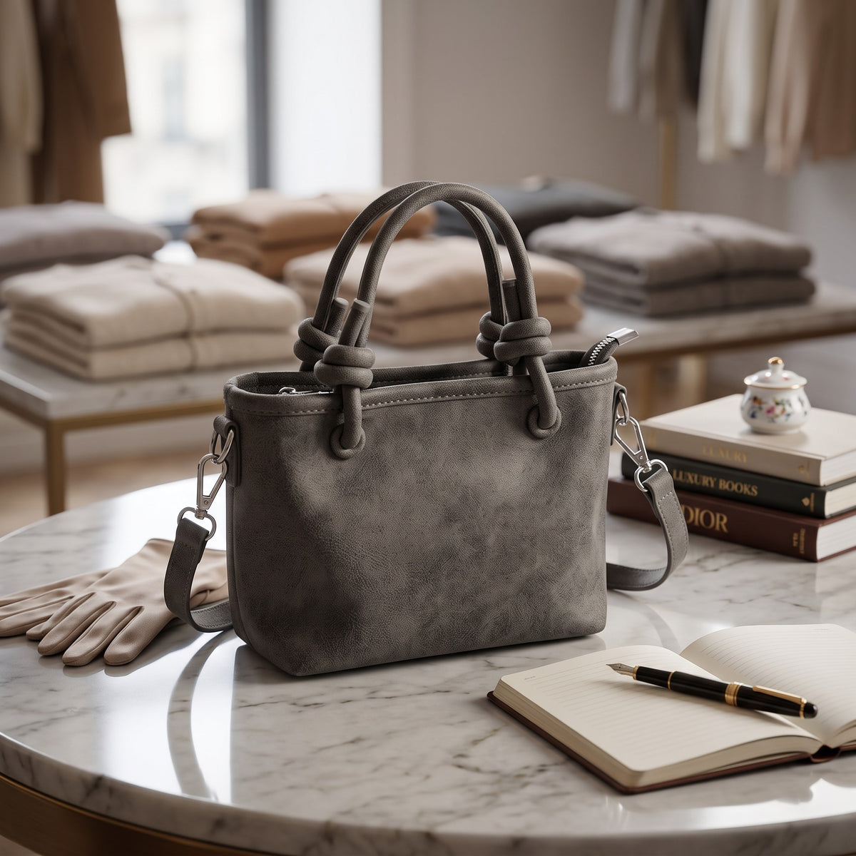 Grey knotted handle mini tote in brushed faux suede
