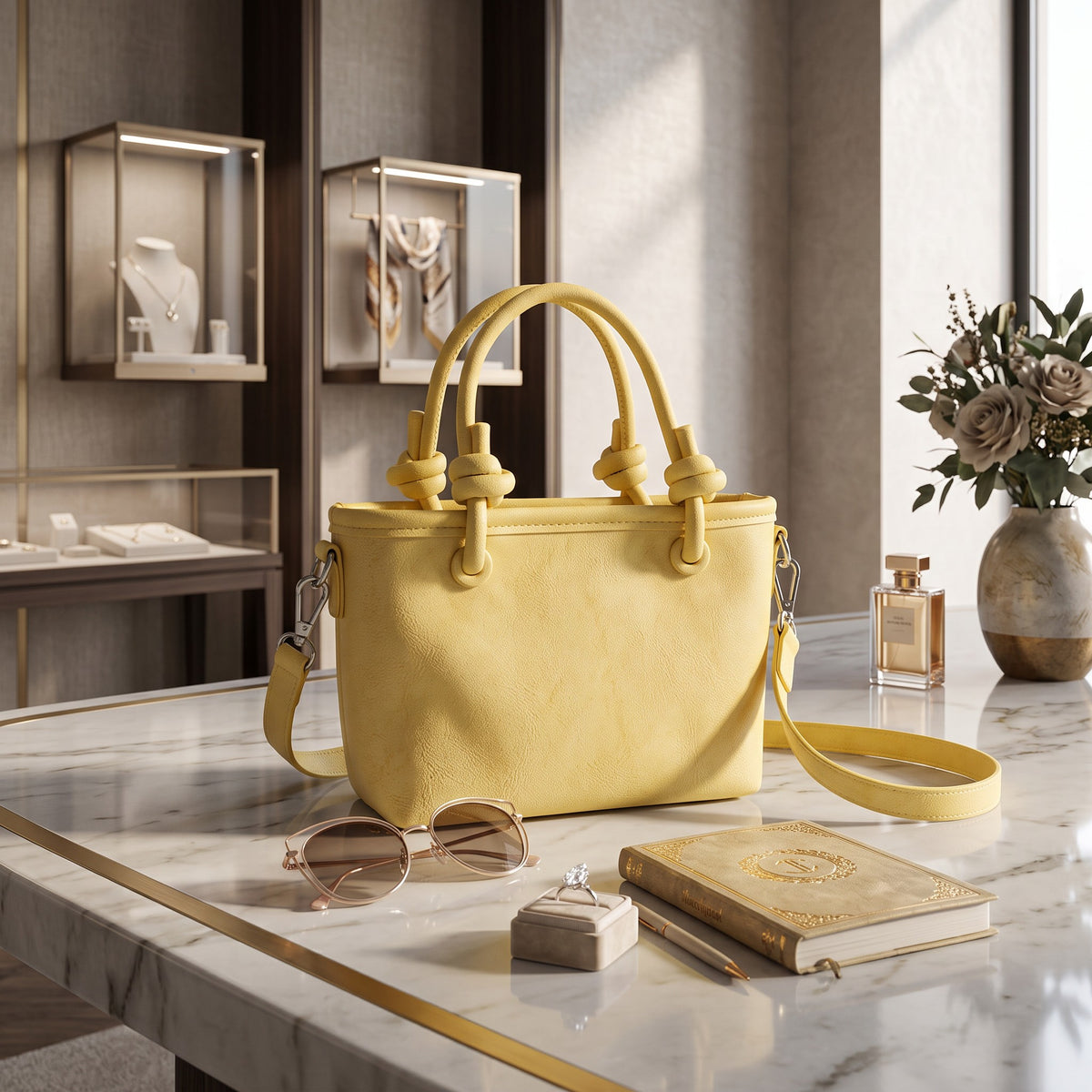 Yellow knotted handle mini tote with a long shoulder strap