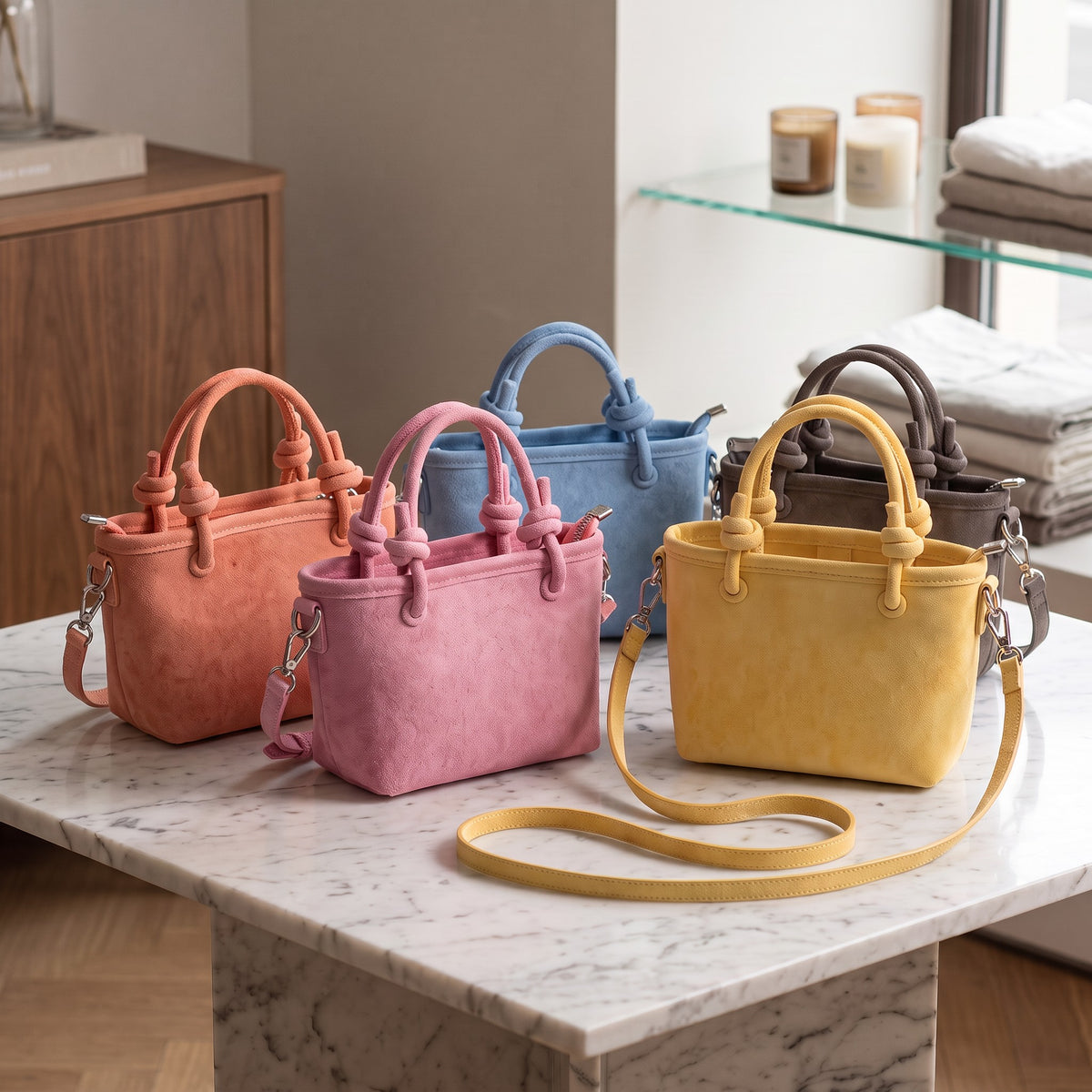 Coral, pink, blue, yellow and grey knotted handle mini totes on marble