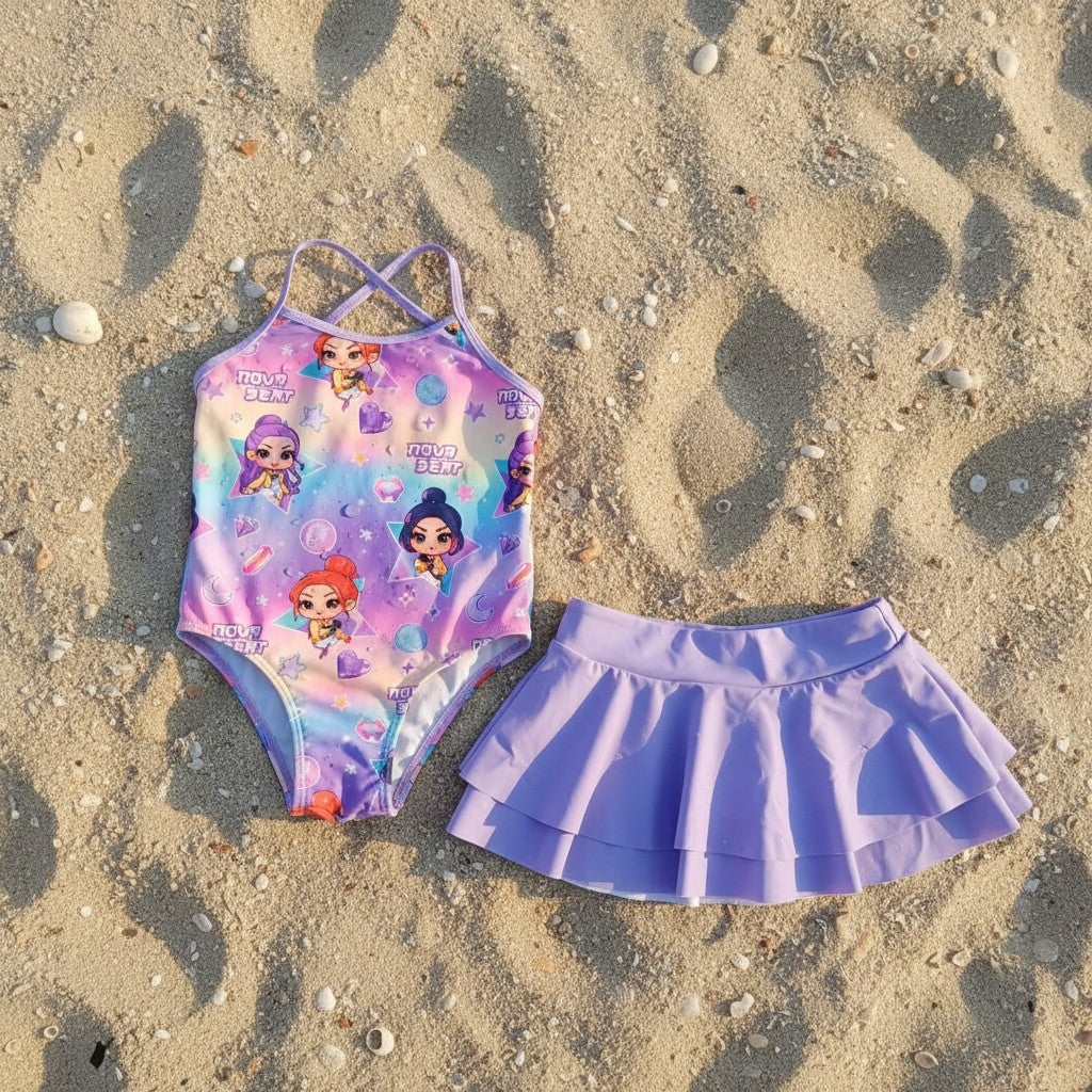 K-pop print girls one-piece swimsuit with lilac ruffle skirt