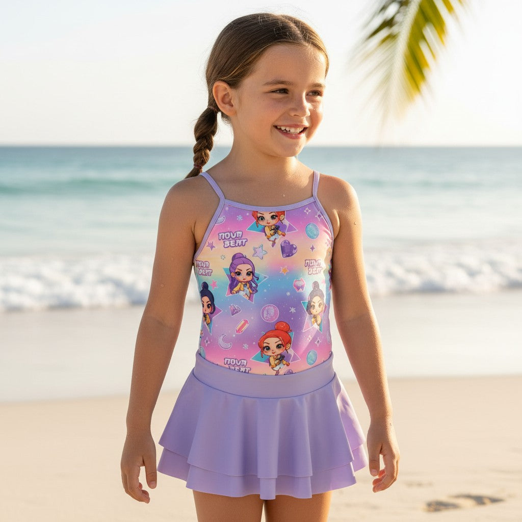 Girls K-pop print swimsuit with lilac frilly skirt on the beach – Jack Gifts Online Lebanon