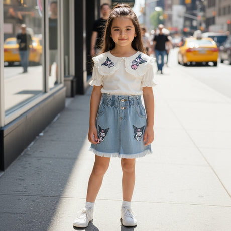 Girls Kuromi denim set, cream ruffle collar top with a light blue buttoned denim skirt