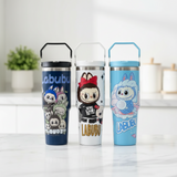 Three Labubu print tumblers in navy, white and light blue with carry loops