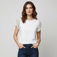 Delicate white lace sleeves on a plain white top
