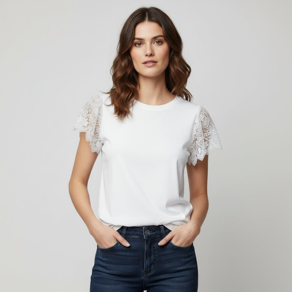 Delicate white lace sleeves on a plain white top