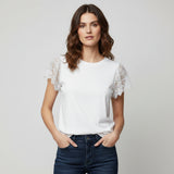 Delicate white lace sleeves on a plain white top