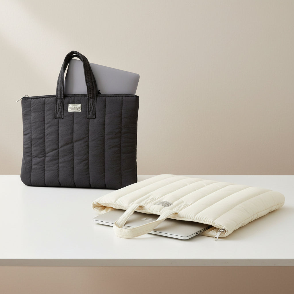 Black and beige quilted laptop sleeves shown together