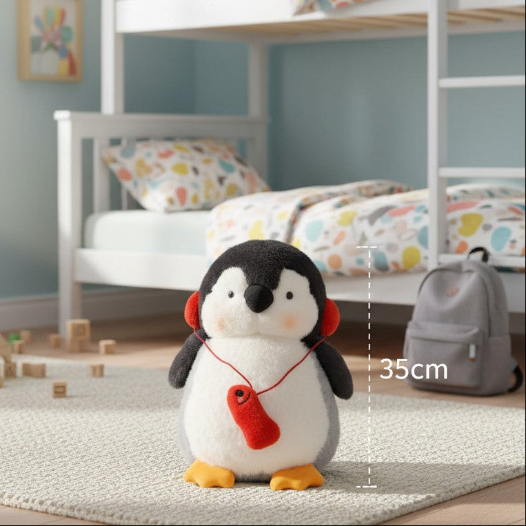 Large 35 centimeter penguin plush wearing red headphones