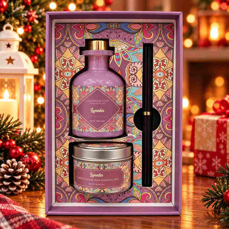 Lavender reed diffuser and tin candle with reed sticks in a purple mandala print box