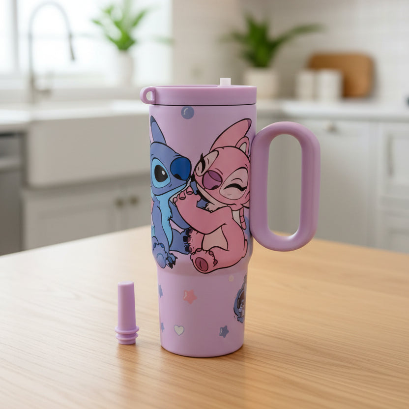 Lavender Stitch tumbler with the straw stopper removed in a bright kitchen