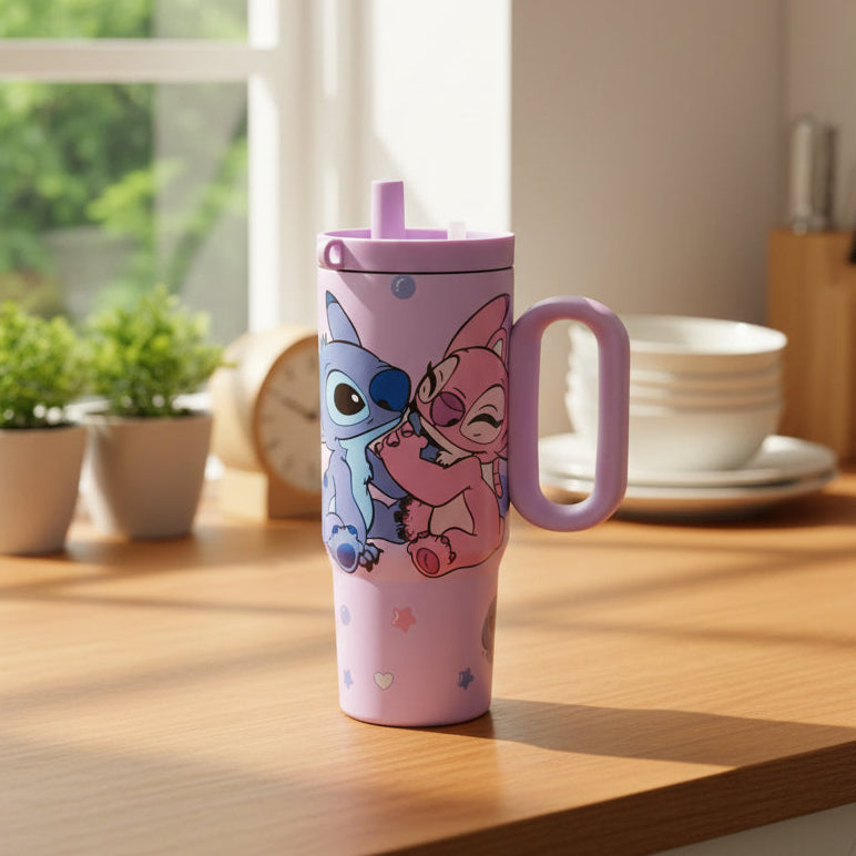 Lavender Stitch tumbler printed with Stitch and Angel hugging, on a wooden counter