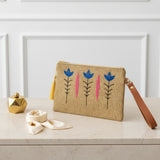 Jute zip pouch with the three tulips in royal blue, between pink leaf spears