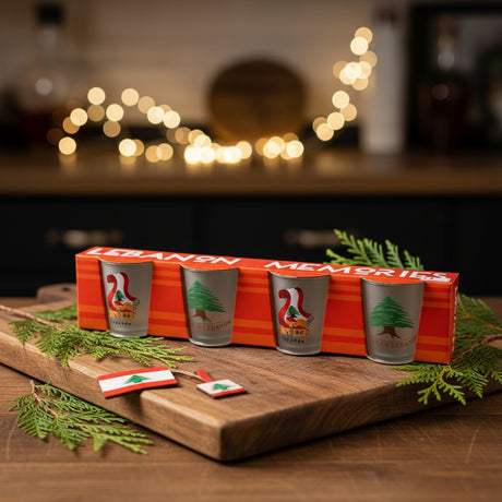 Four frosted glass tumblers printed with a green cedar over a gold hill and a red scroll