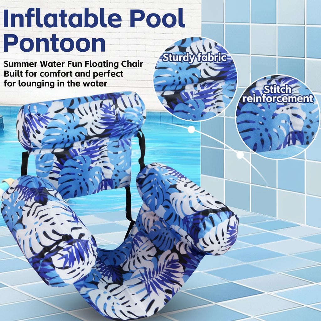 Inflatable pool pontoon with blue and white pattern on a tiled pool floor.