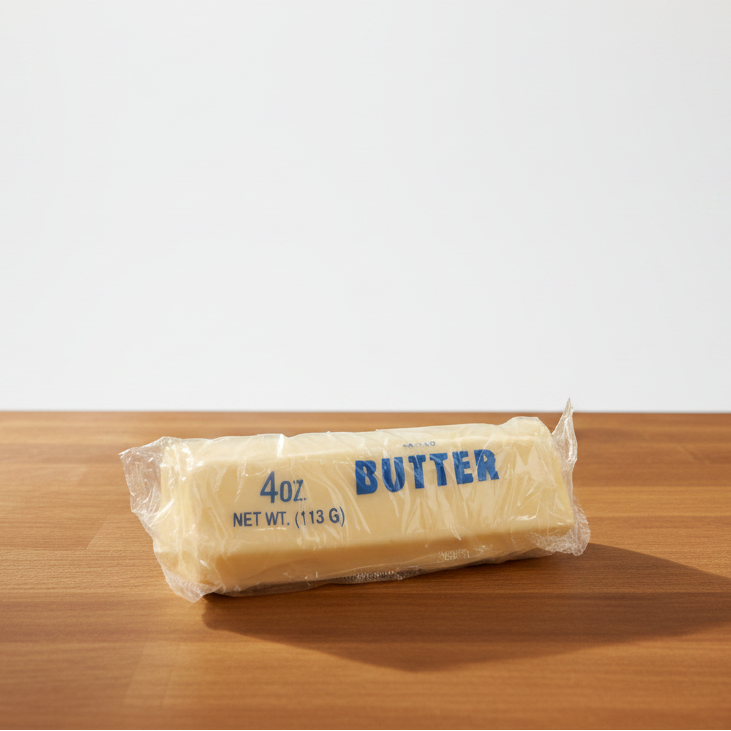 Packaged squishy butter on a wooden surface with a white background