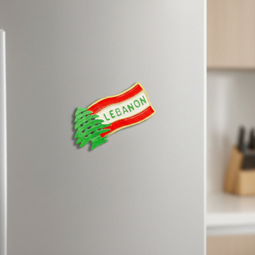 Waving enamel flag magnet in red and white with a green cedar tree at one end