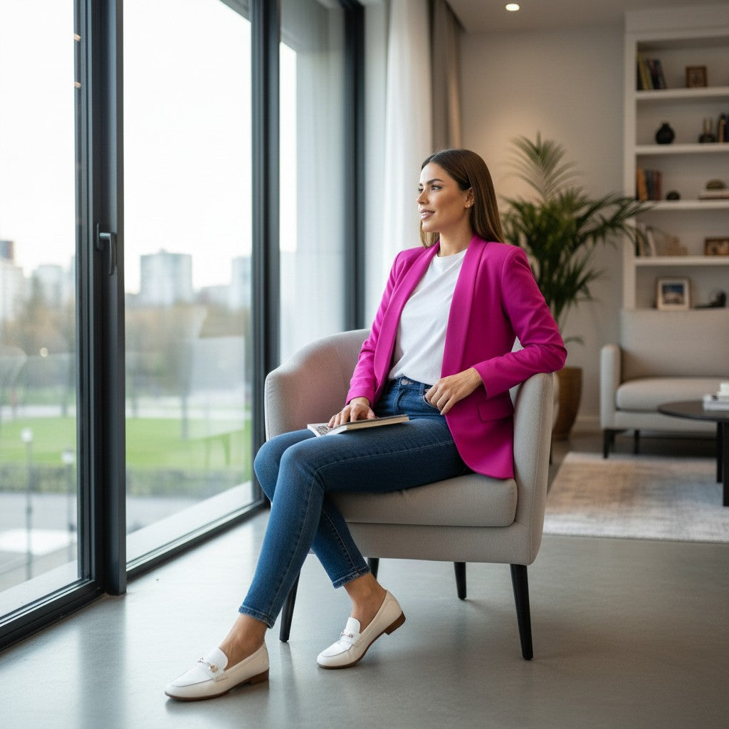 Woman in a fuchsia blazer sitting on a chair by a large window in a modern living room