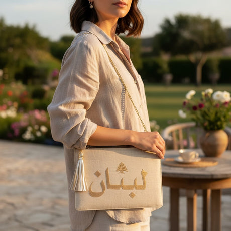 Womens cream linen pouch with Lebanon gold Arabic embroidery and tassel, Jack Gifts Online Lebanon