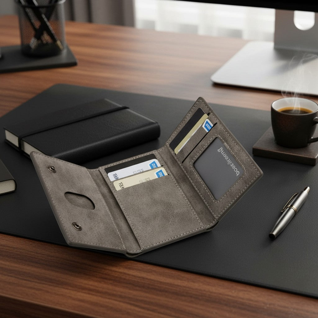Open leather wallet with cards on a desk with a coffee cup and pen
