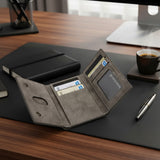 Open leather wallet with cards on a desk with a coffee cup and pen