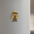 Laser cut wooden cedar tree magnet in gold on brown, lettered God bless our home