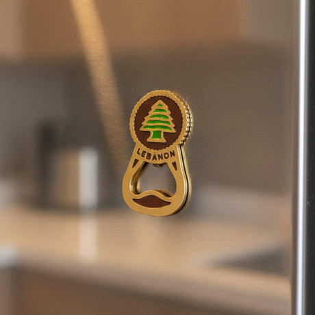 Gold cedar medallion joined to a bottle opener loop, held on a stainless fridge door